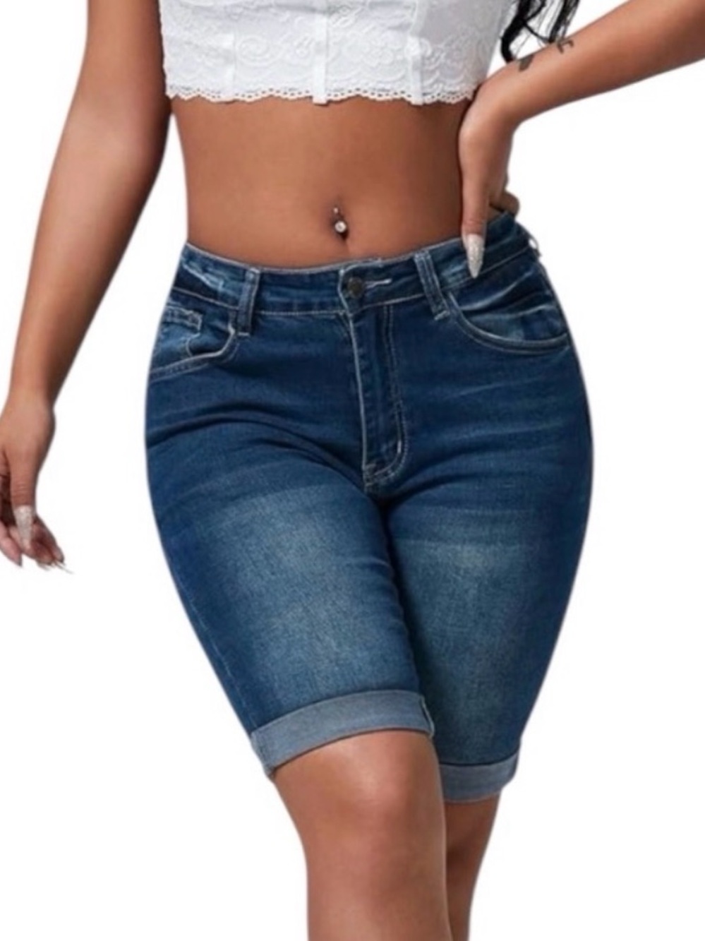 Women’s roswear Mid Rise Roll Cuff Bermuda Stretch Denim Jean Shorts Blue XL